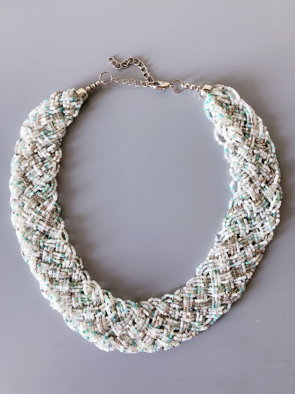 Beaded Braided Necklace White, Mint, Seafoam silver tone seedbead jewelry